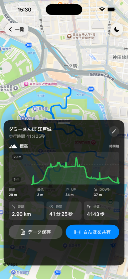 履歴詳細画面。保存済みのさんぽルート、標高グラフ、距離、時間、歩数、データ保存、さんぽを共有のボタンが見える。